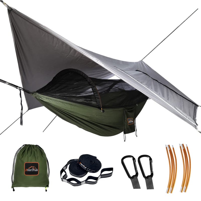 AnorTrek Camping Hammock with Mosquito Net and Rain Fly Tarp  Portable Double Hammock with Two Tree Straps  230T Nylon Hammock and Waterproof Rain Fly Set for Hiking  Backpacking  Overnight (Green) - Image 1
